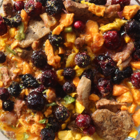 Raw chicken, chia and blueberries